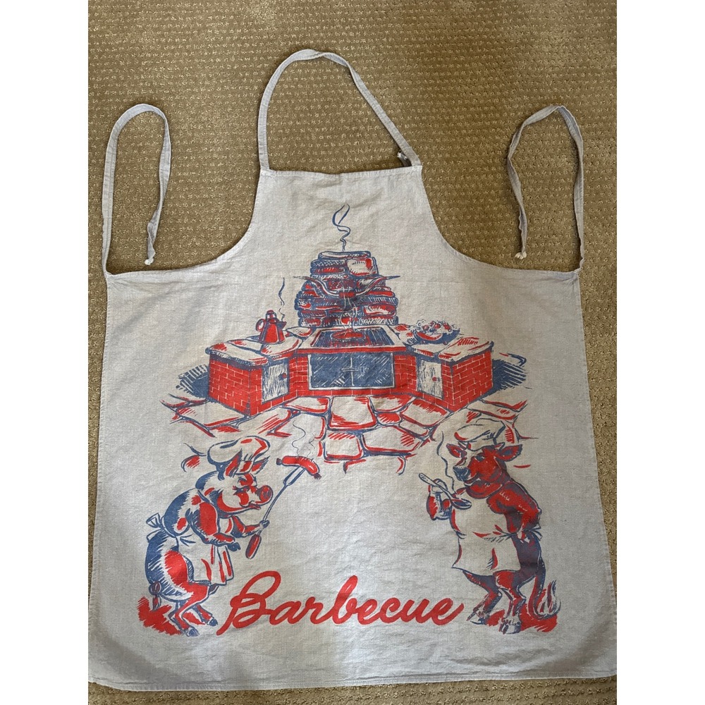 Vintage Mid Century Barbecue Apron Pig Bull Graphic Print Gray Red Blue MCM BBQ